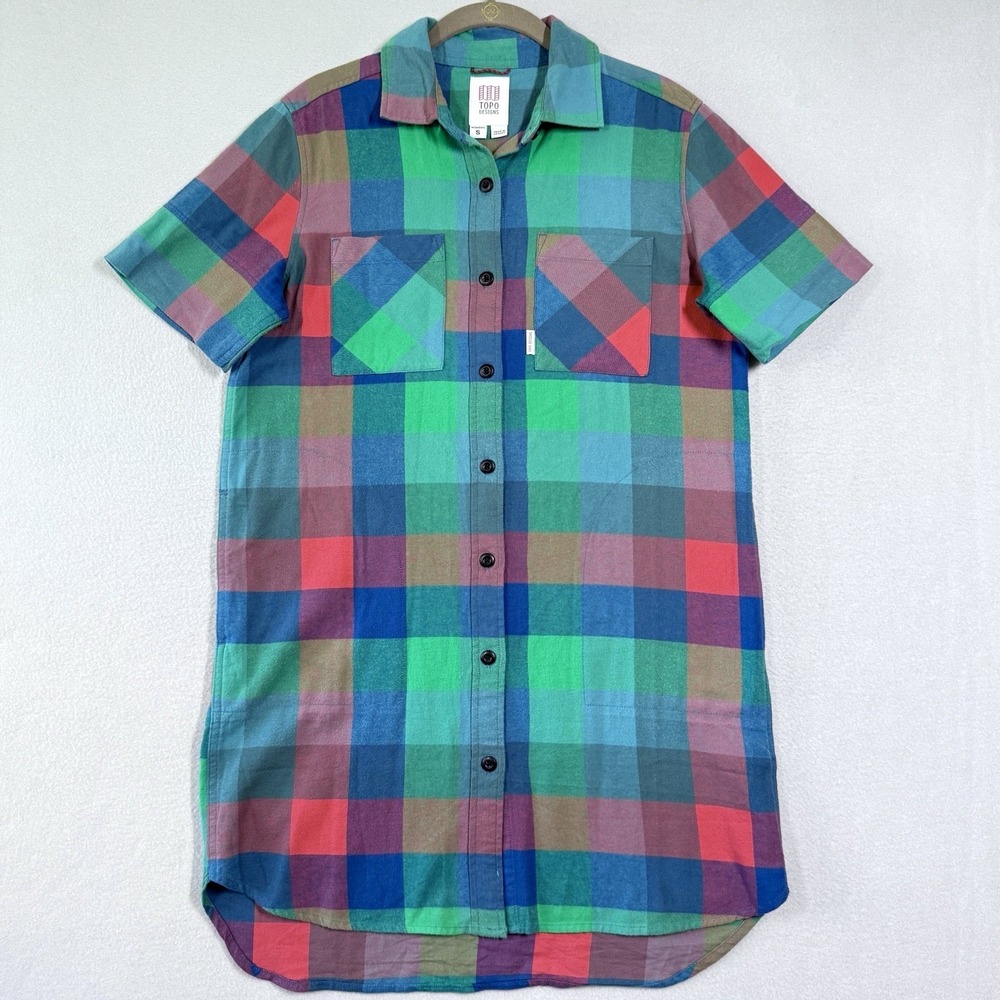 Topo Designs Dress Womens Small Check Plaid Colorful Shirt Dress‎ Short Sleeve